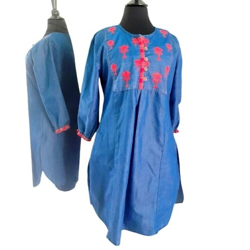Bella Couture Chase Blue Denim Tunic 3/4 Sleeves Embroidered Dress Size Medium